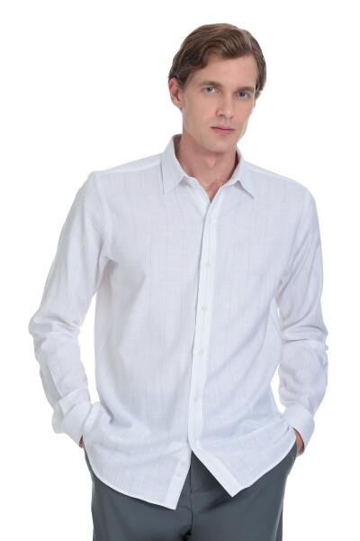 Gri Comfort Fit Çizgili Slim Yaka 100% Pamuk Uzun Kollu Spor Gömlek 