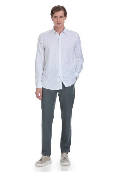 Gri Comfort Fit Çizgili Slim Yaka 100% Pamuk Uzun Kollu Spor Gömlek - 2