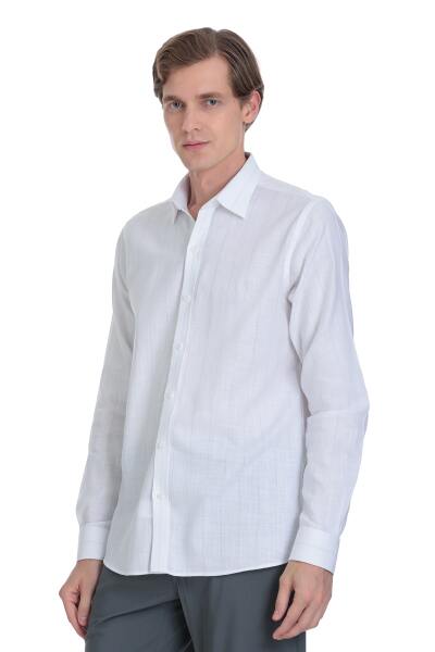 Gri Comfort Fit Çizgili Slim Yaka 100% Pamuk Uzun Kollu Spor Gömlek - 3