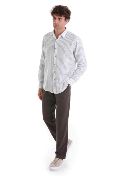 Gri Comfort Fit Çizgili Slim Yaka Uzun Kollu Keten Gömlek - 2