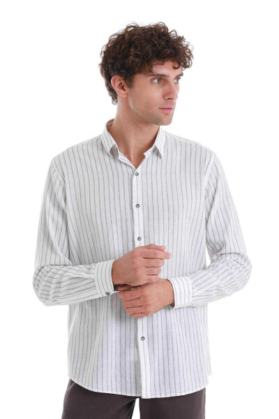 Gri Comfort Fit Çizgili Slim Yaka Uzun Kollu Keten Gömlek - 3