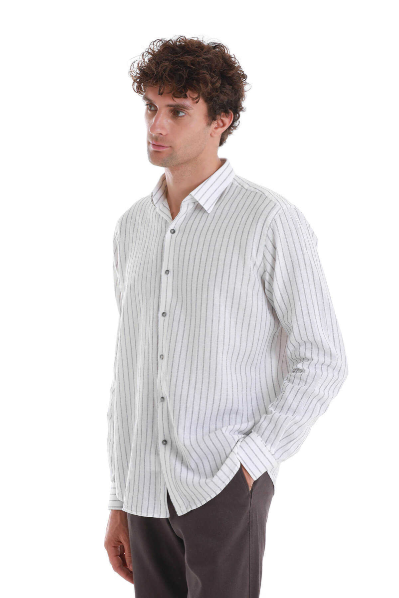 Gri Comfort Fit Çizgili Slim Yaka Uzun Kollu Keten Gömlek - Hatem Saykı (1)