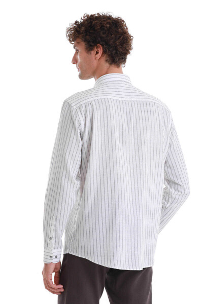 Gri Comfort Fit Çizgili Slim Yaka Uzun Kollu Keten Gömlek - 6