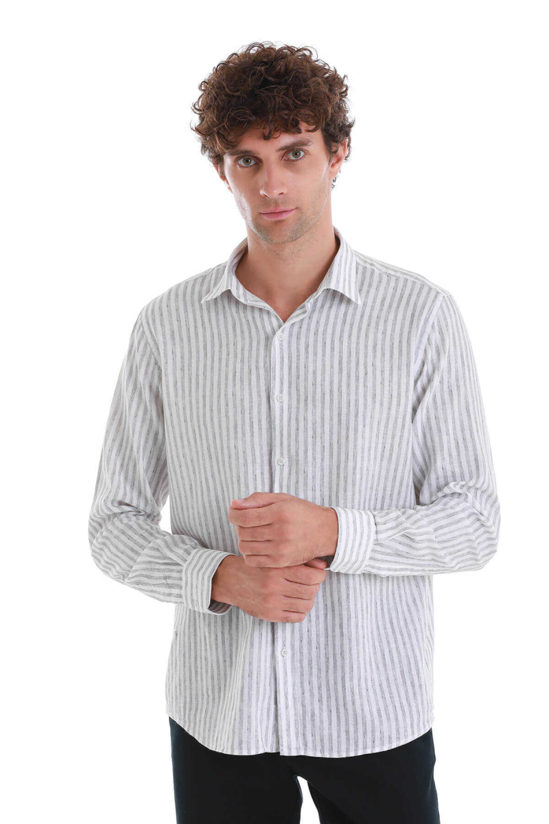 Gri Comfort Fit Çizgili Slim Yaka Uzun Kollu Keten Gömlek - Hatem Saykı