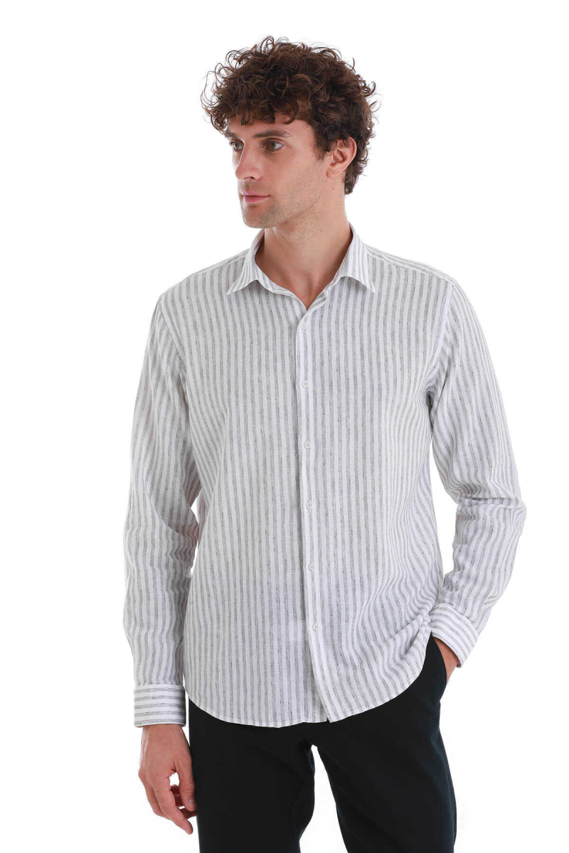 Gri Comfort Fit Çizgili Slim Yaka Uzun Kollu Keten Gömlek - Hatem Saykı (1)