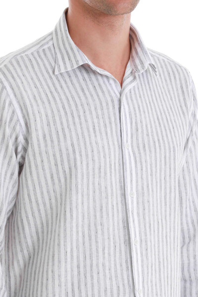 Gri Comfort Fit Çizgili Slim Yaka Uzun Kollu Keten Gömlek - 5