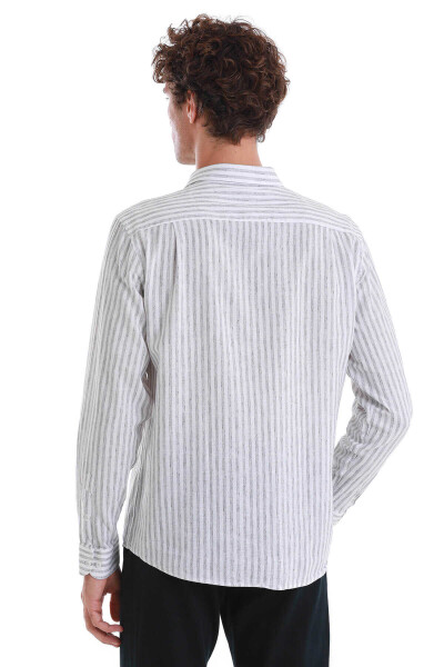 Gri Comfort Fit Çizgili Slim Yaka Uzun Kollu Keten Gömlek - 6