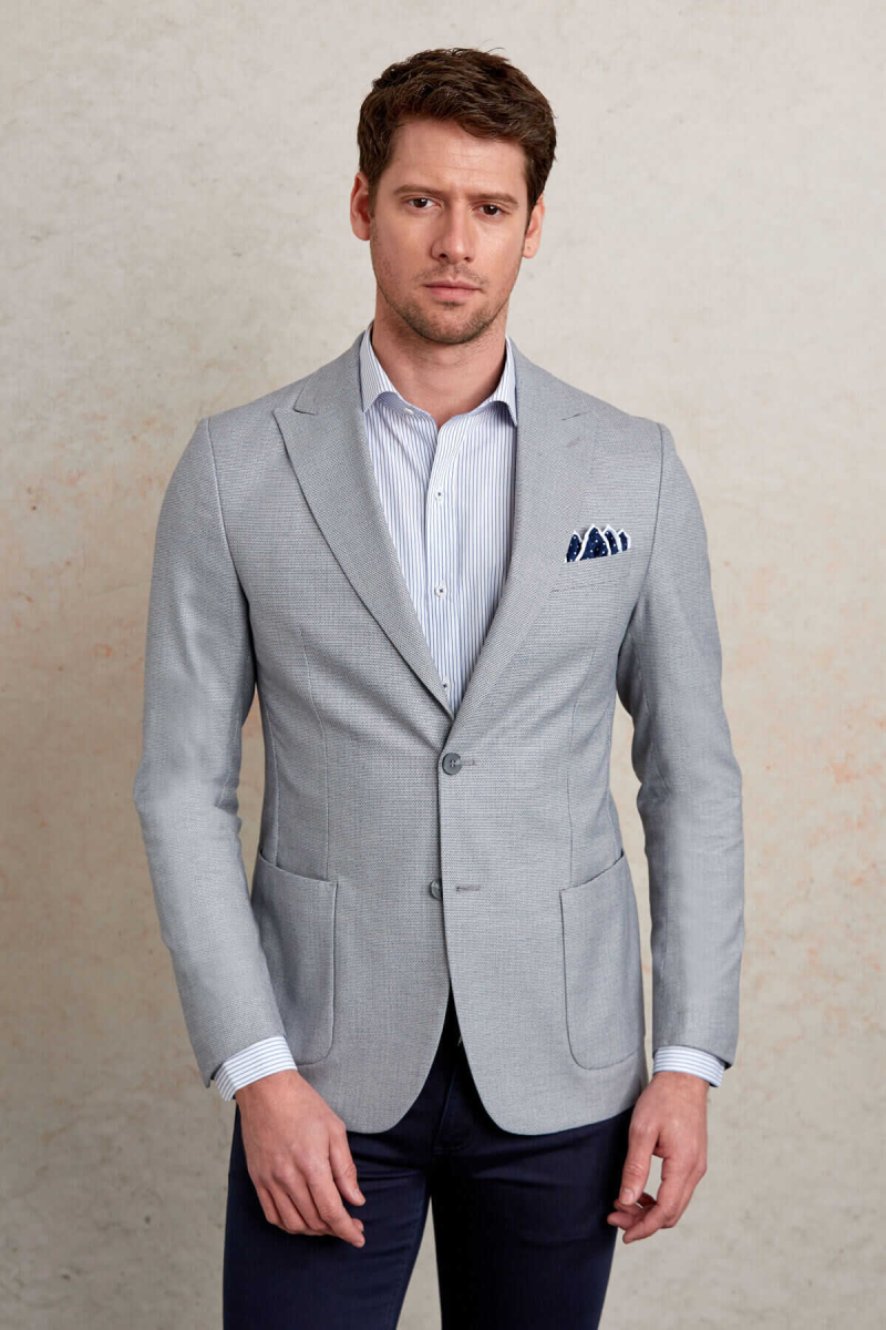 Gri Comfort Fit Sivri Yaka 4 Drop Klasik Ceket - HTML