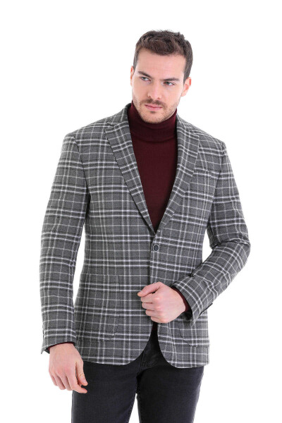 Gri Comfort Fit Kareli Mono Yaka Klasik Ceket - 14