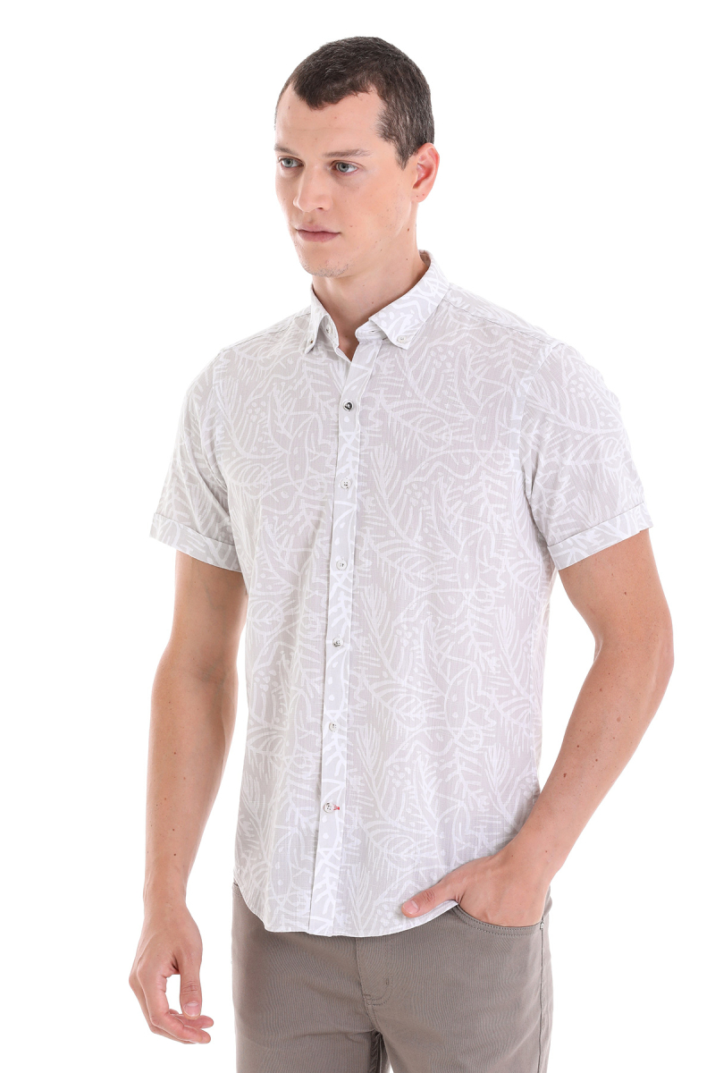 Gri Comfort Fit Baskılı Düğmeli Yaka 100% Pamuklu Kısa Kollu Casual Gömlek - HTML