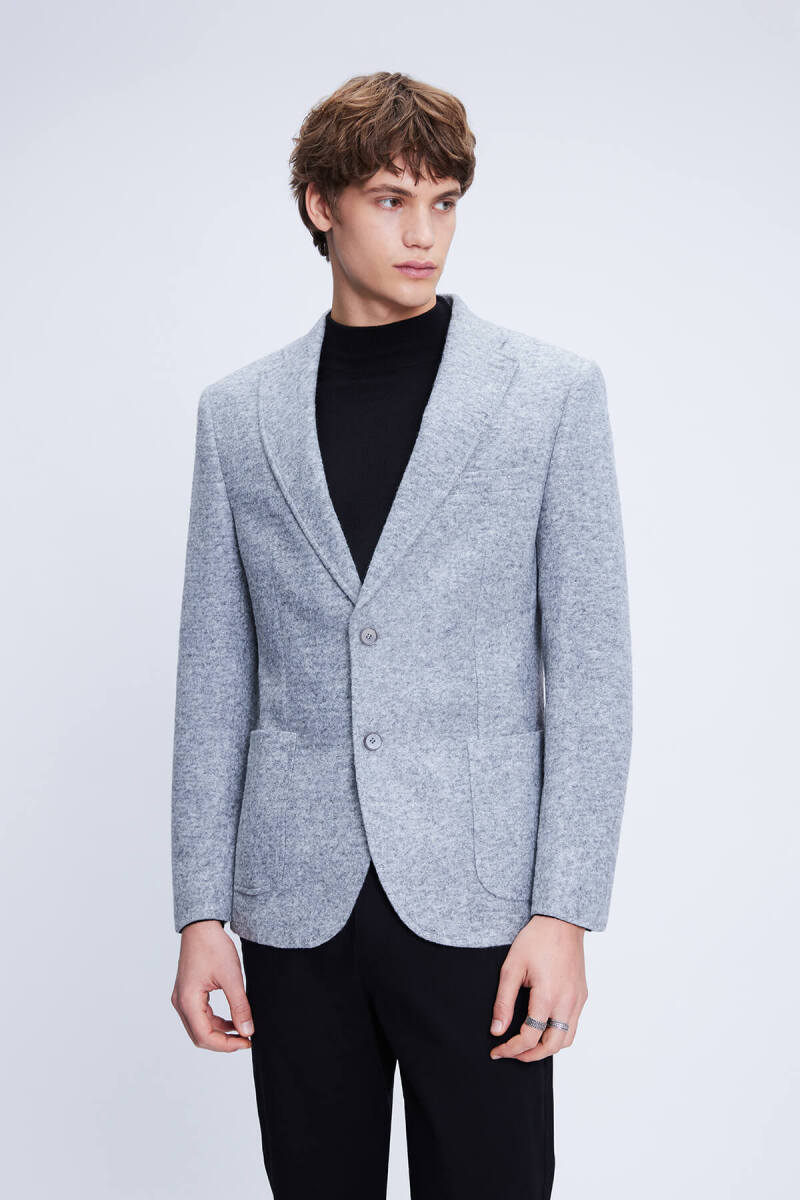 Gri Comfort Fit Mono Yaka Desenli Ceket - Hatem Saykı