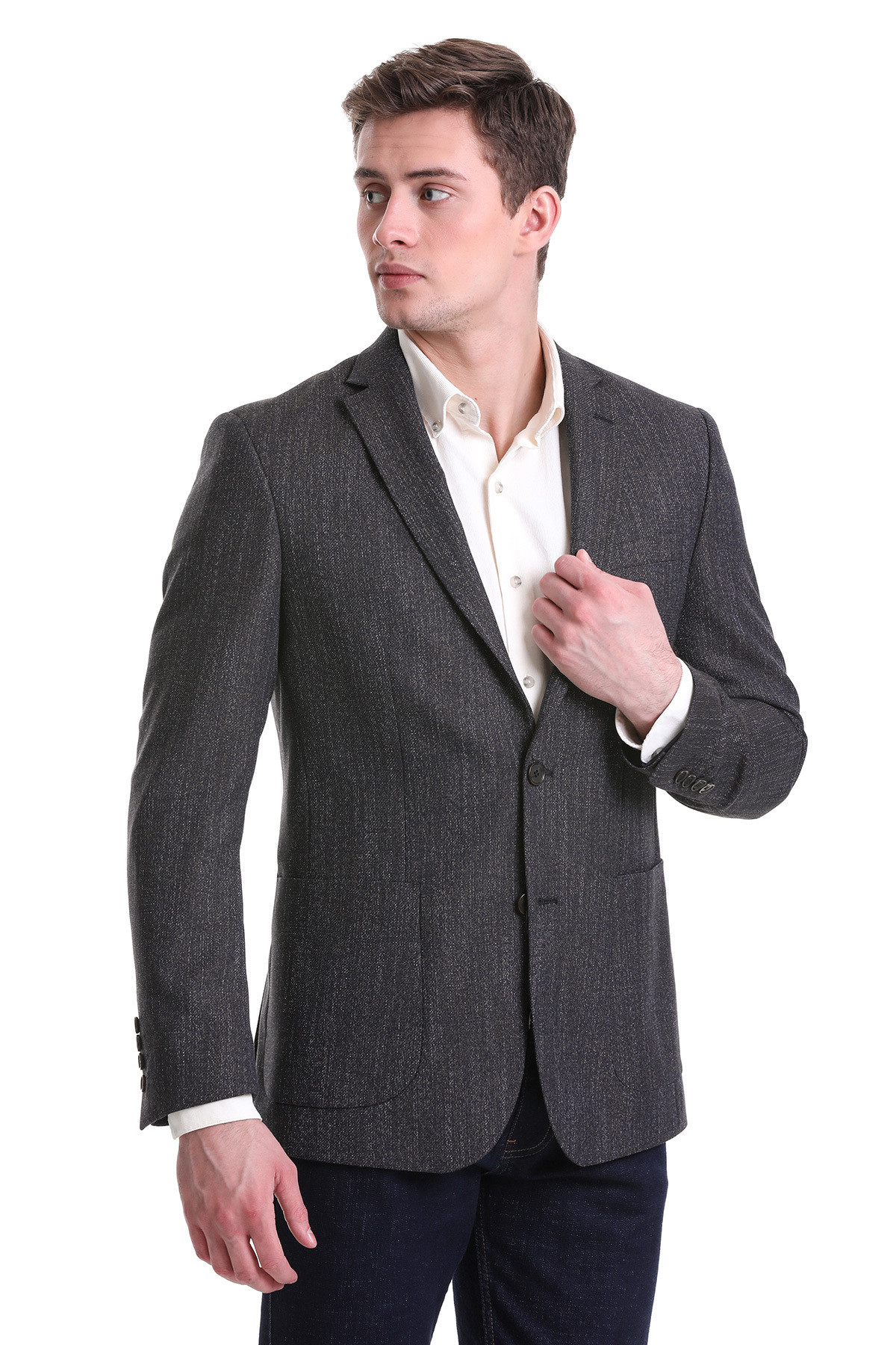 Gri Comfort Fit Mono Yaka Keten Ceket - 3