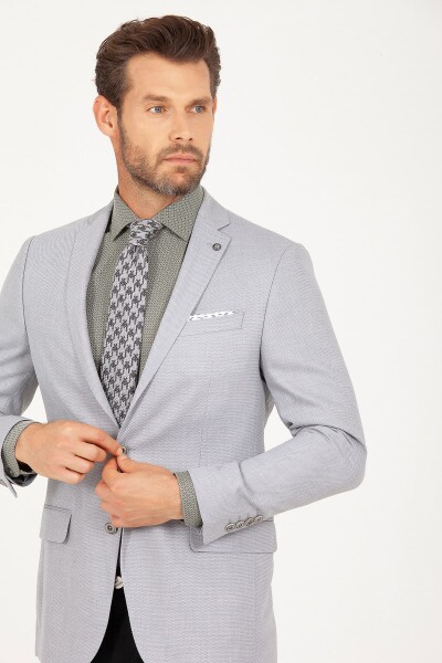 Gri Slim Fit Desenli Ceket - Thumbnail