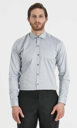 Desenli Slim Fit Gri Gömlek - Thumbnail