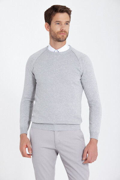 Gri Regular Fit Desenli Bisiklet Yaka Pamuklu Triko Kazak - 17