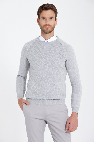 Gri Regular Fit Desenli Bisiklet Yaka Pamuklu Triko Kazak - 1