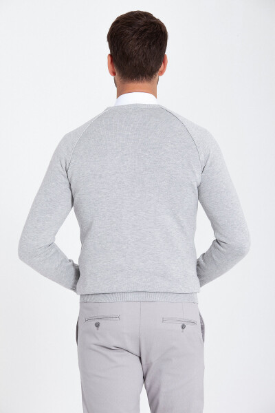 Gri Regular Fit Desenli Bisiklet Yaka Pamuklu Triko Kazak - 8