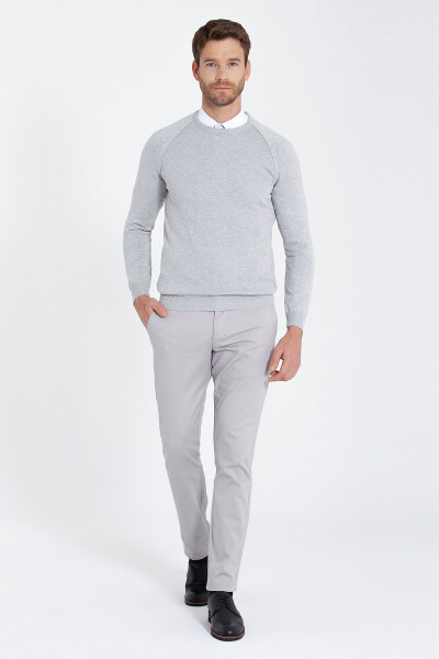 Gri Regular Fit Desenli Bisiklet Yaka Pamuklu Triko Kazak - 16