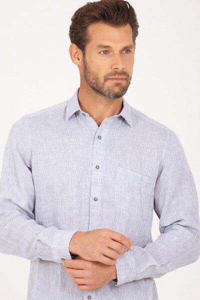 Gri Desenli Keten Gömlek - 3