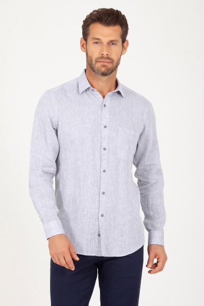 Gri Desenli Keten Gömlek - 1