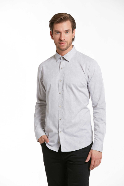 Gri Comfort Fit Baskılı 100% Pamuk Slim Yaka Uzun Kollu Casual Gömlek 