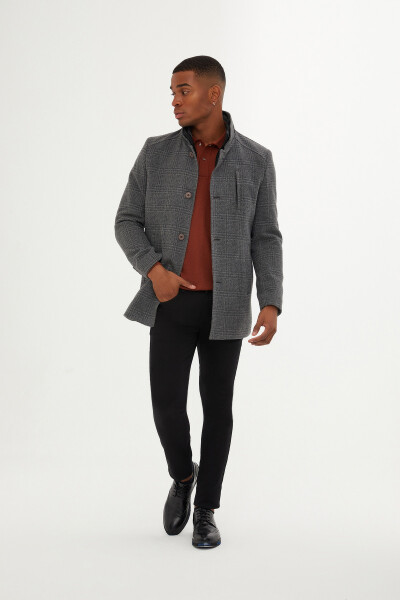 Gri Dik Yaka Kareli Palto - 2