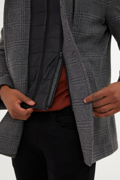 Gri Dik Yaka Kareli Palto - 5