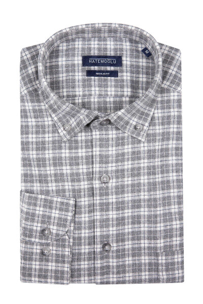Gri Regular Fit Kareli Pamuklu Uzun Kol Oduncu Gömlek - 1