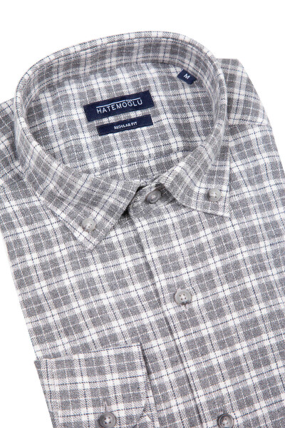 Gri Regular Fit Kareli Pamuklu Uzun Kol Oduncu Gömlek - 2