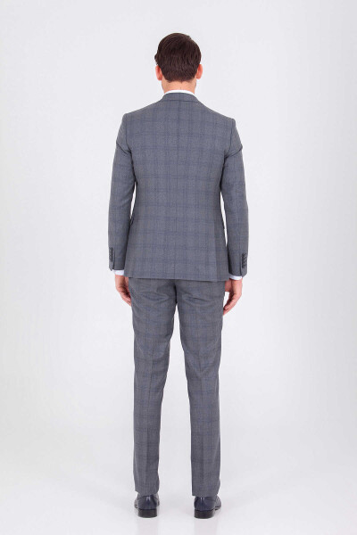 Gri Kareli Slim Fit Yelekli Takım Elbise - 4