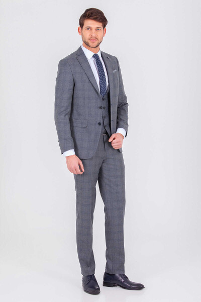Gri Kareli Slim Fit Yelekli Takım Elbise - 2