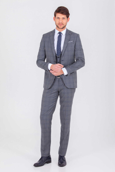 Gri Kareli Slim Fit Yelekli Takım Elbise - 1