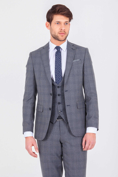 Gri Kareli Slim Fit Yelekli Takım Elbise - 3