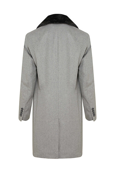 Gri Regular Fit Mono Yaka Kürklü Yün Palto - 2