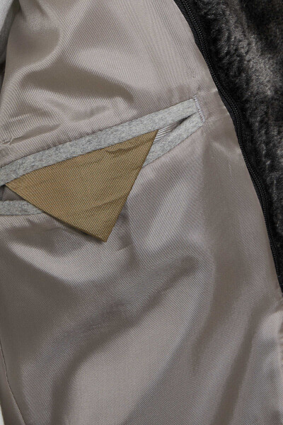 Gri Regular Fit Mono Yaka Kürklü Yün Palto - 6