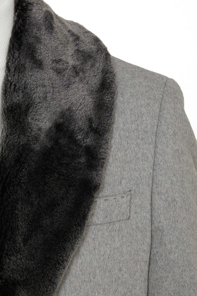 Gri Regular Fit Mono Yaka Kürklü Yün Palto - 7