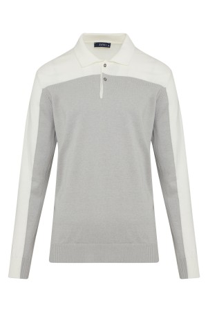 Gri Regular Fit Desenli Polo Yaka Pamuklu Triko Kazak 