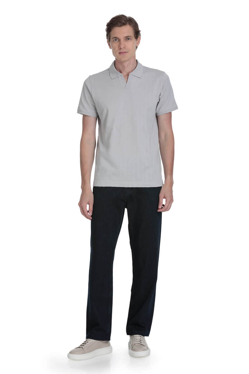 Gri Regular Fit Apaş Yaka Pamuklu Tişört - Hatemoğlu (1)