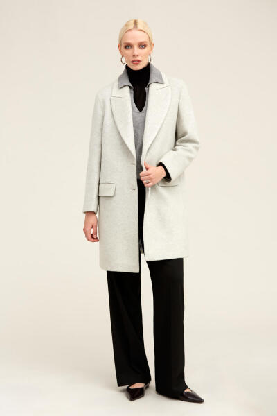 Gri Regular Fit Ceket Yaka Kaşe Oversize Manto - 3