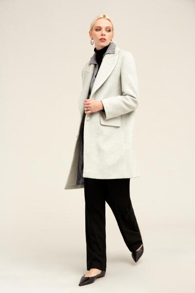 Gri Regular Fit Ceket Yaka Kaşe Oversize Manto - 4