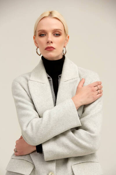 Gri Regular Fit Ceket Yaka Kaşe Oversize Manto - 5