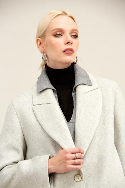 Gri Regular Fit Ceket Yaka Kaşe Oversize Manto - 6