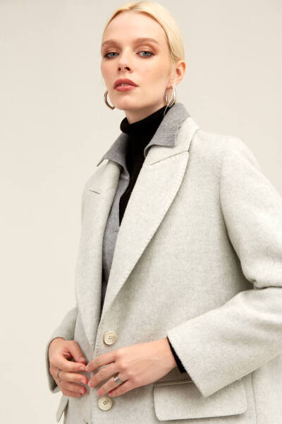 Gri Regular Fit Ceket Yaka Kaşe Oversize Manto - 8