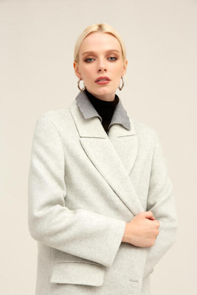 Gri Regular Fit Ceket Yaka Kaşe Oversize Manto - 9