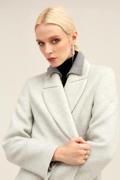 Gri Regular Fit Ceket Yaka Kaşe Oversize Manto - 10