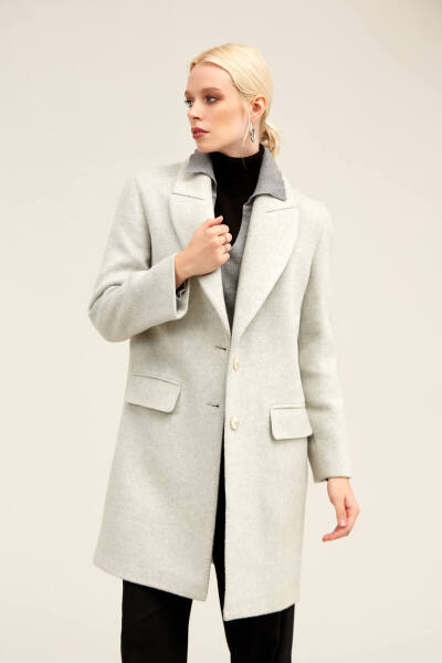 Gri Regular Fit Ceket Yaka Kaşe Oversize Manto - 11