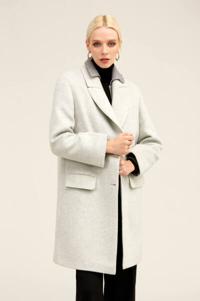Gri Regular Fit Ceket Yaka Kaşe Oversize Manto - 12
