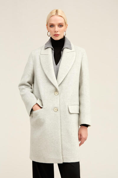 Gri Regular Fit Ceket Yaka Kaşe Oversize Manto - 13