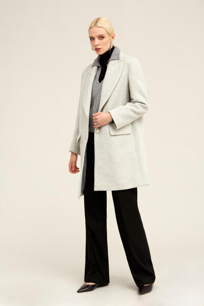 Gri Regular Fit Ceket Yaka Kaşe Oversize Manto - 14