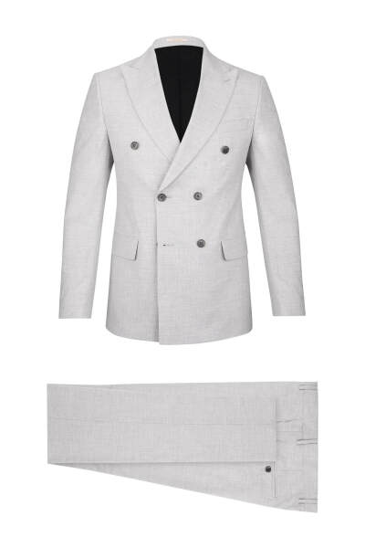 Gri Regular Fit Çizgili Kruvaze Klasik Takım Elbise - 1